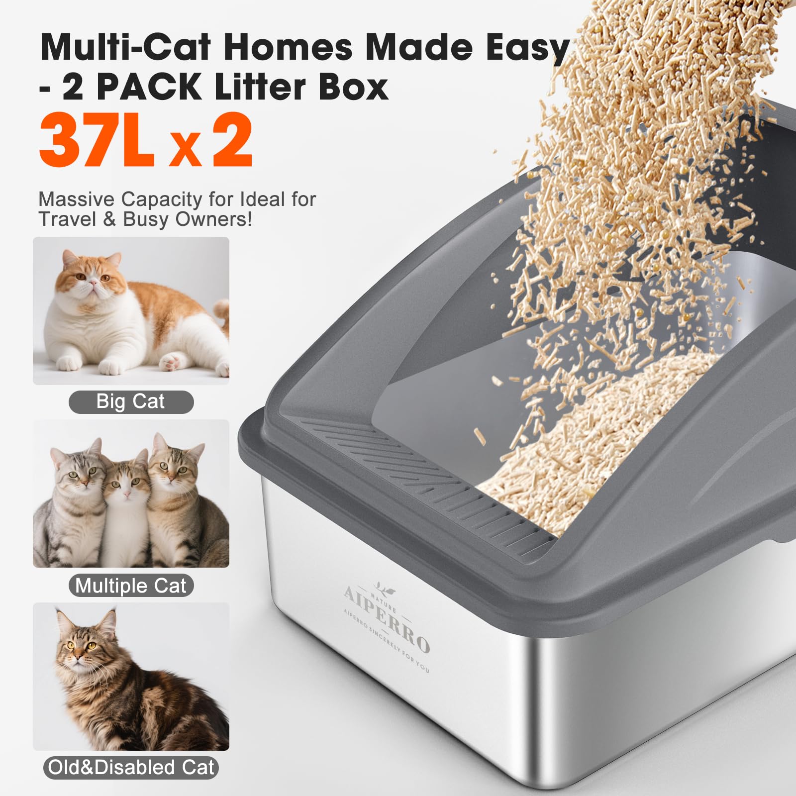 aiperro-bac-litiere-inox-xl-58x38x28cm: idéal pour chats plus grands et plusieurs compagnons.