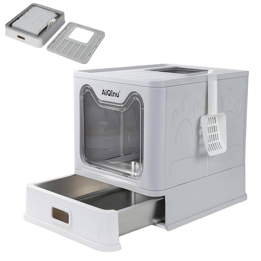AiQInu bac à litière en acier inoxydable pliable avec couvercle, durable et hygiénique.