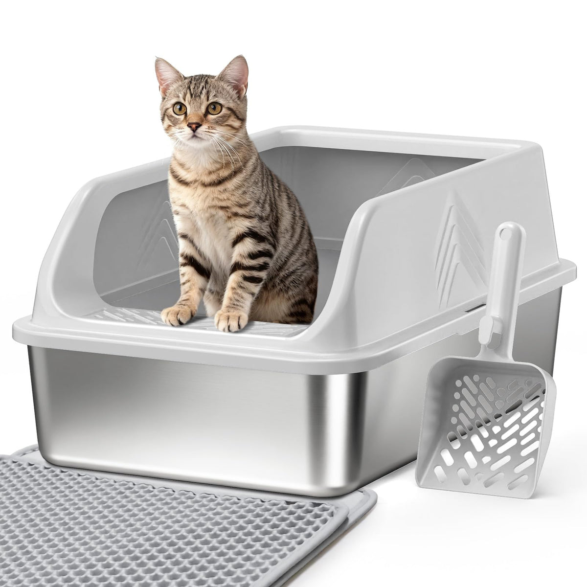Litière Akaola en inox avec couvercle XL pour grands chats et multi-chats