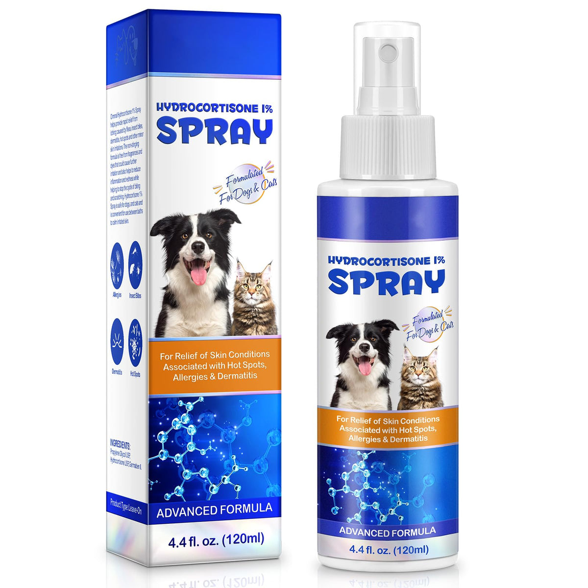 Akareni spray hydrocortisone appliqué sur zone irritée chien ou chat, soulage irritations potentielles.