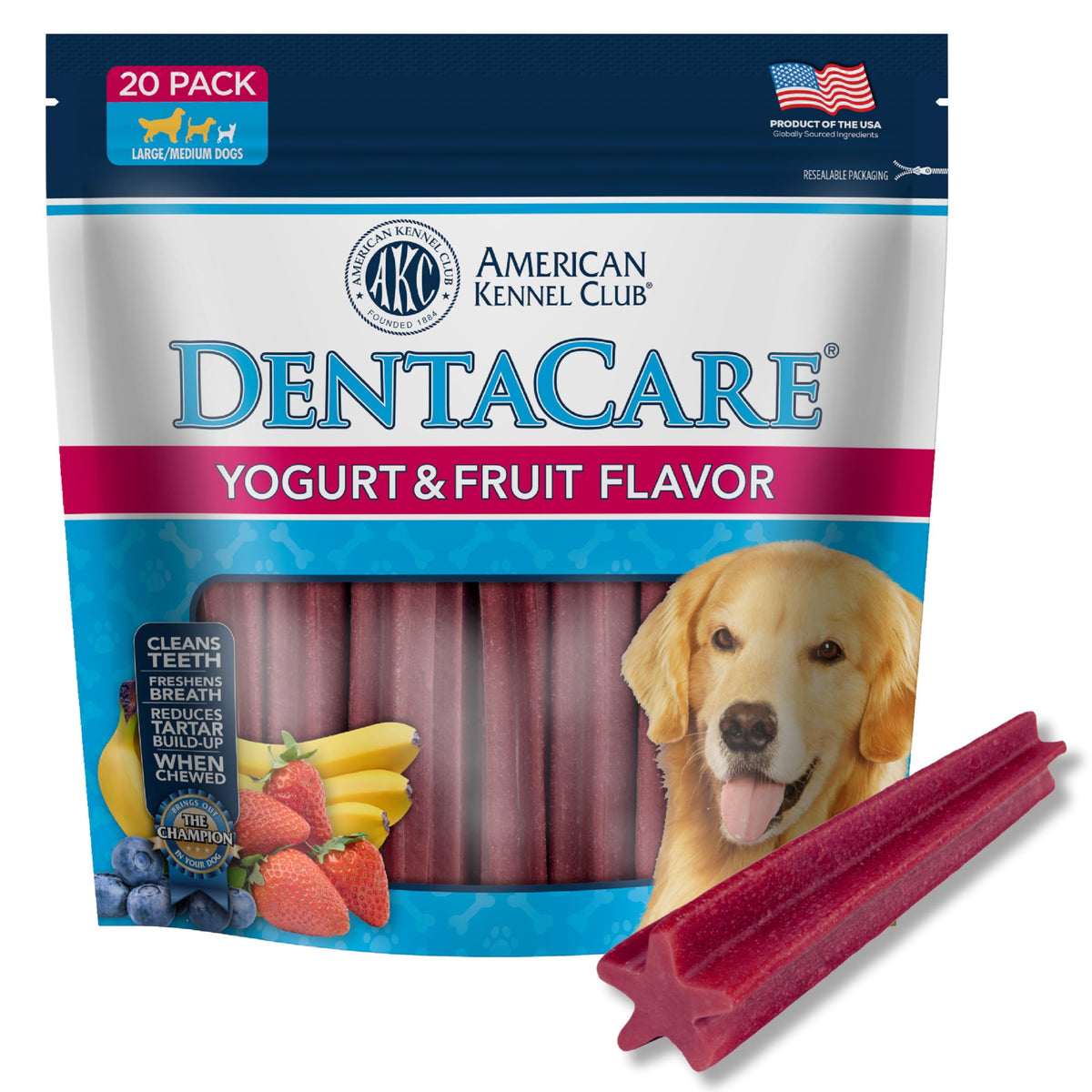 AKC Dentacare Yogourt et Fruits: bâtons dentaires savoureux pour une bouche plus fraîche.