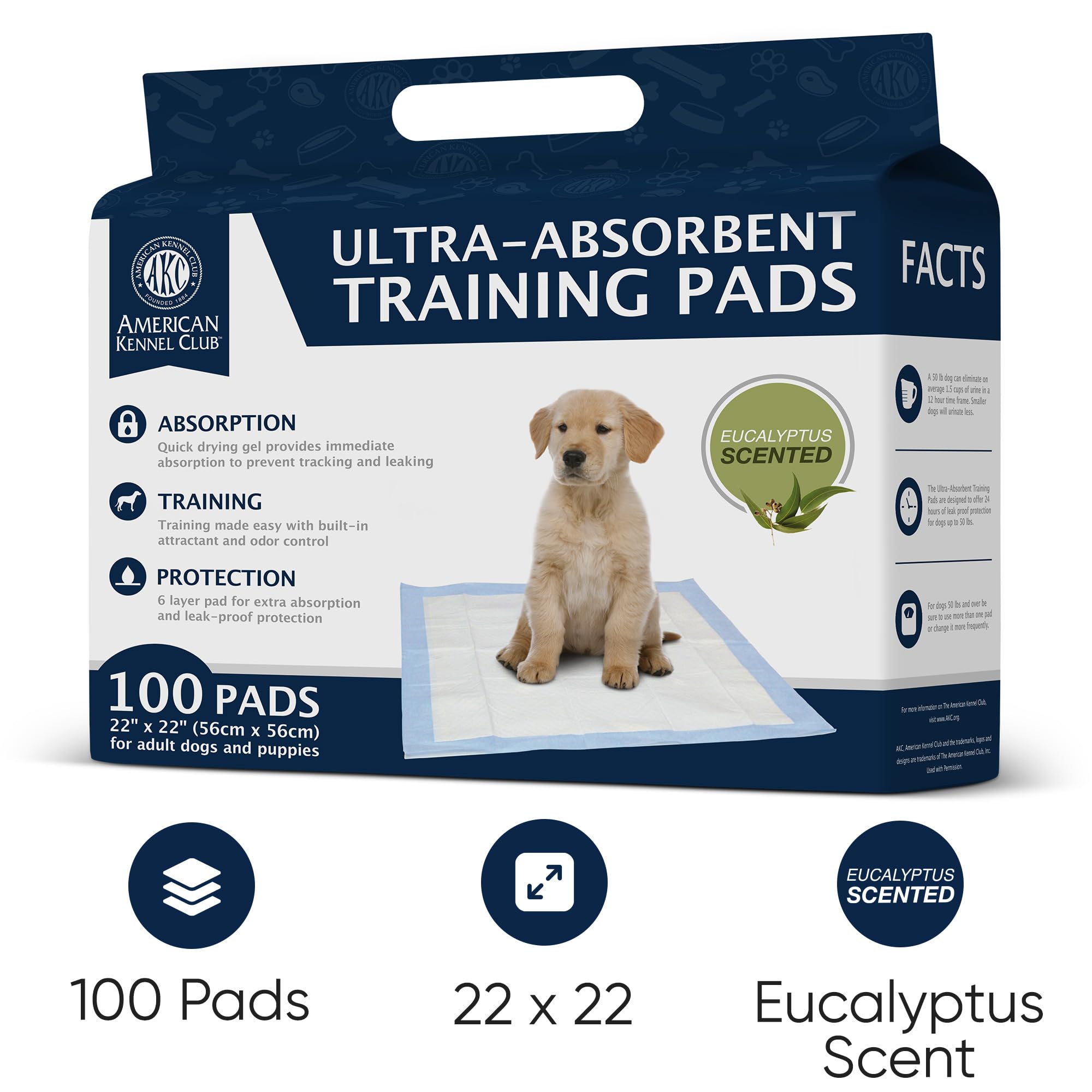 AKC Pads format 22x22 po vert : tapis spacieux pour chiots.