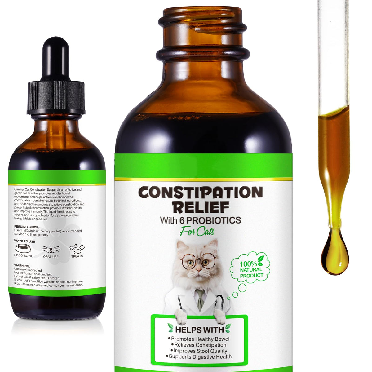 Laxatif Akeeronn pour chat, gouttes saveur poulet rôti facilitant le transit.