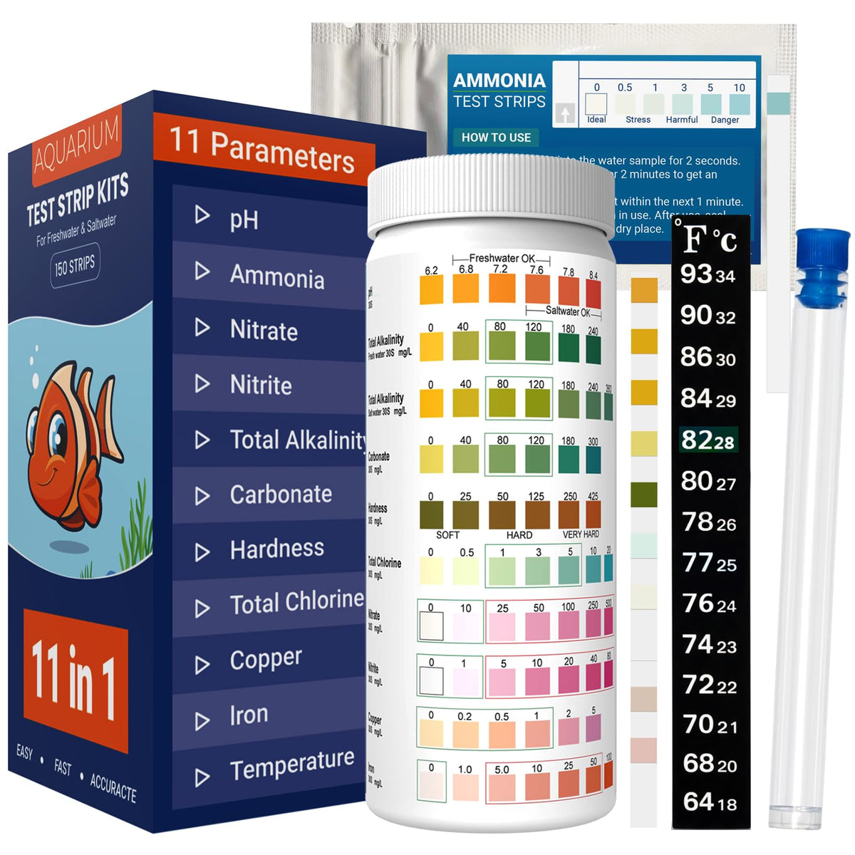 AKSBTEC kit de tests d'aquarium 11 en 1 – détection rapide de l'ammoniaque pour eau douce et salée.