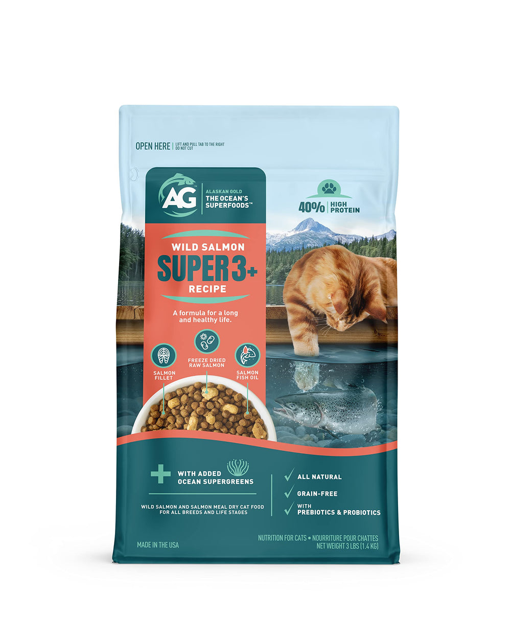 Alaskan Gold Super3+ saumon lyophilisé pellets: croquant riche en protéines pour chats actifs.