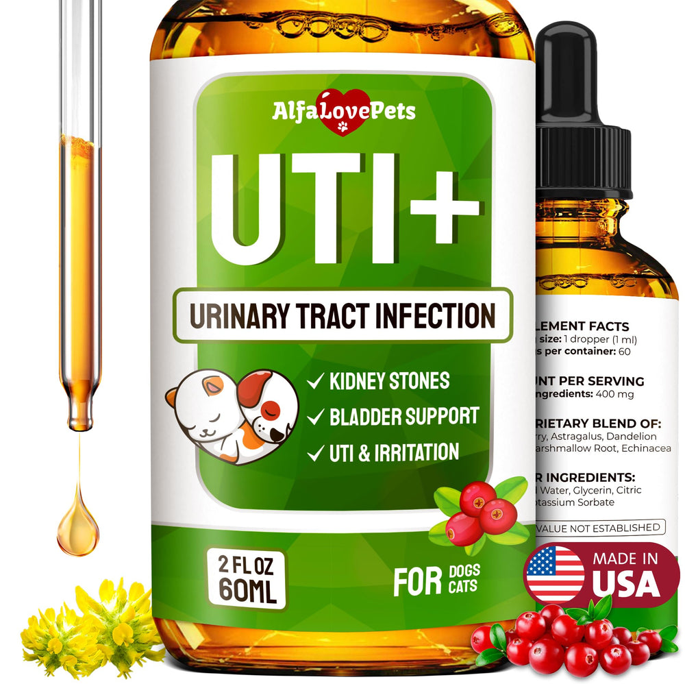 Flacon Alfa Love Pets montrant le traitement des infections urinaires chez le chat en flacon de 2 onces.