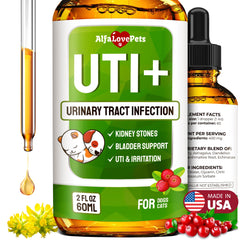 Flacon Alfa Love Pets montrant le traitement des infections urinaires chez le chat en flacon de 2 onces.