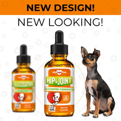 Alfa Love Pets glucosamine pour chiens, flacon liquide saveur bacon, administration pratique.