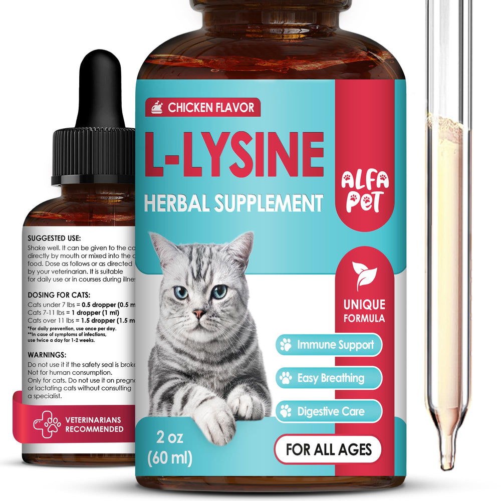 Alfa Pet L Lysine pour chats — flacon-gouttes, soutien quotidien des yeux et respiration.