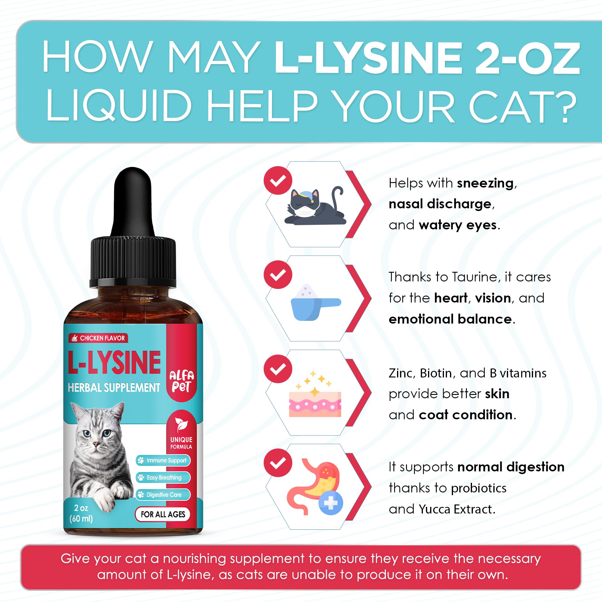 Alfa Pet L Lysine pour chats — saveur poulet naturelle, facilite l'administration.