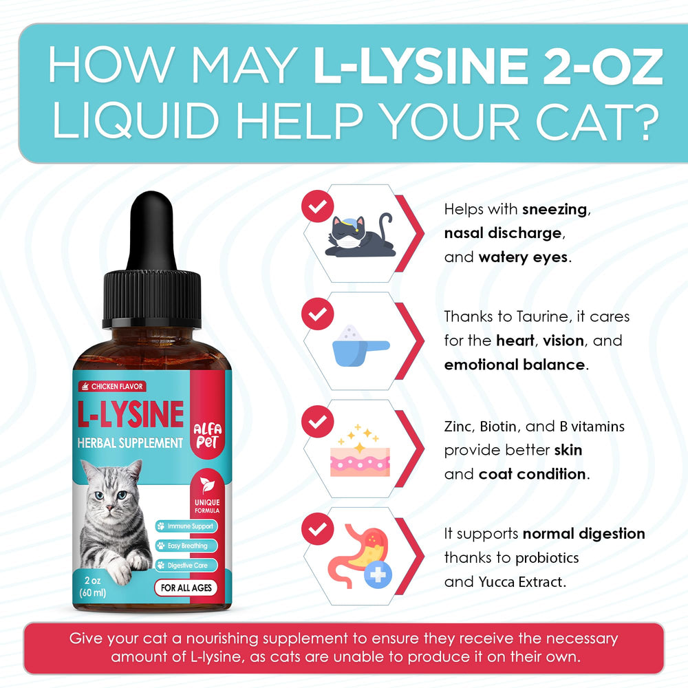 Alfa Pet L Lysine pour chats — saveur poulet naturelle, facilite l'administration.