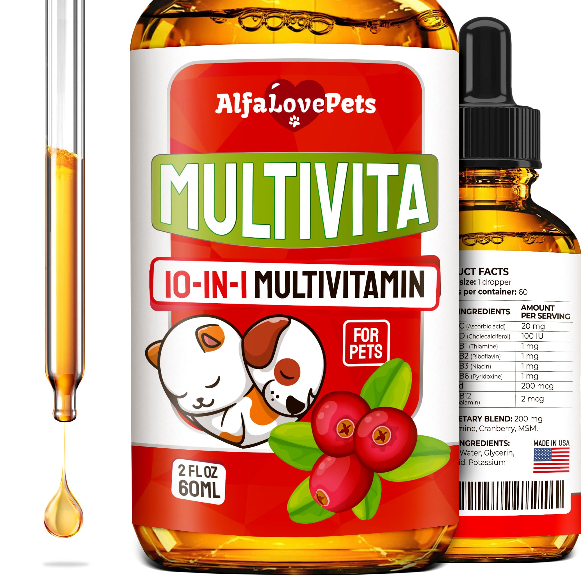 Alfa Love Pets – bouteille vitamine liquide pour chiens et chats, soutien quotidien du bien-être.