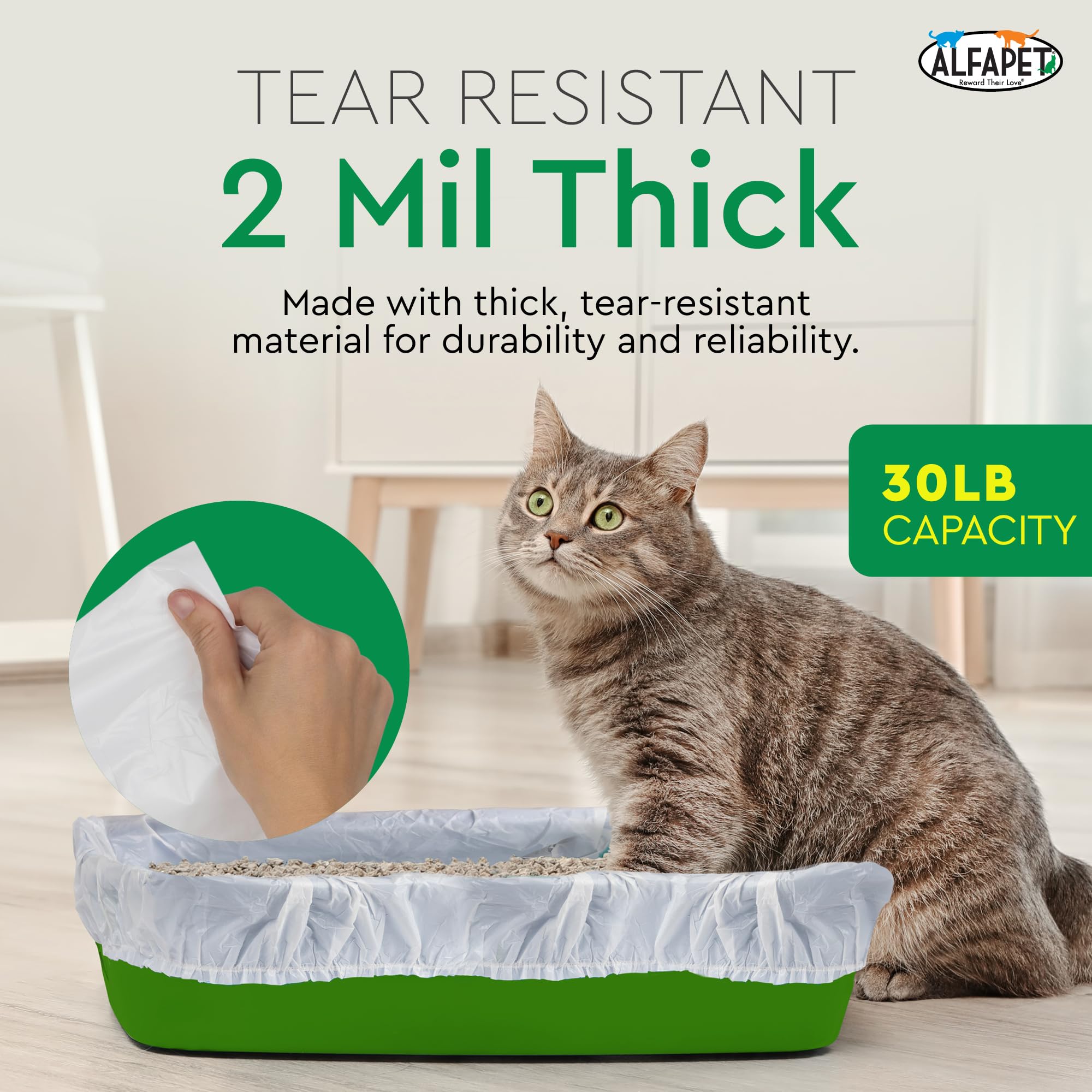 Alfapet sacs litière sans ficelle pour nettoyage plus sûr.