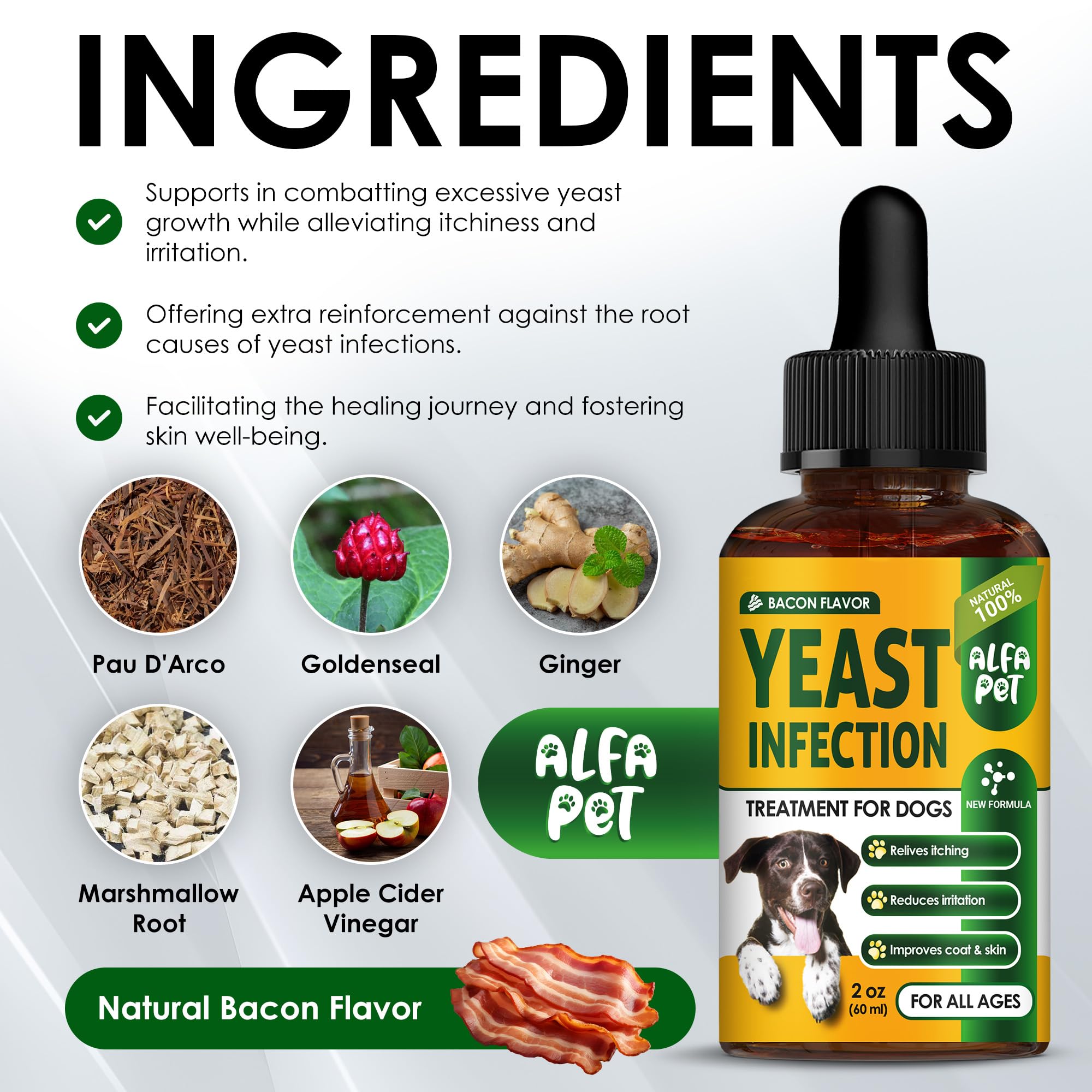 Alfa Pet dose-liquide-bacon, usage simple quotidien pour toutes tailles.