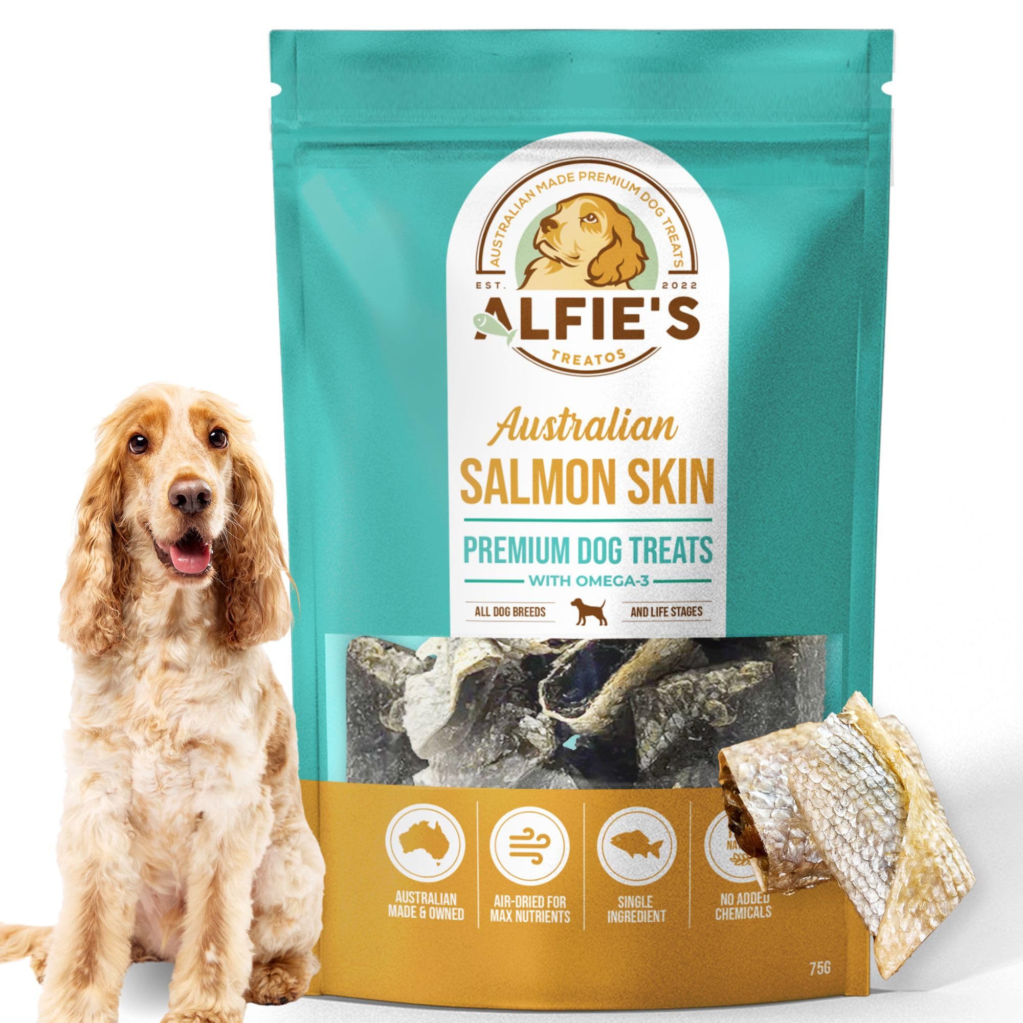 ALFIE'S TREATOS peau de saumon séchée par air; texture croustillante naturelle pour récompense