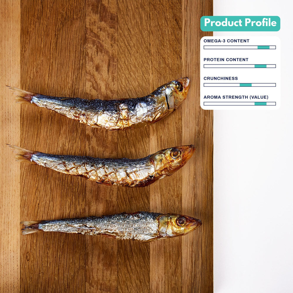 ALFIE'S TREATOS sardines entières séchées à l’air, texture croquante idéale pour mâcher.