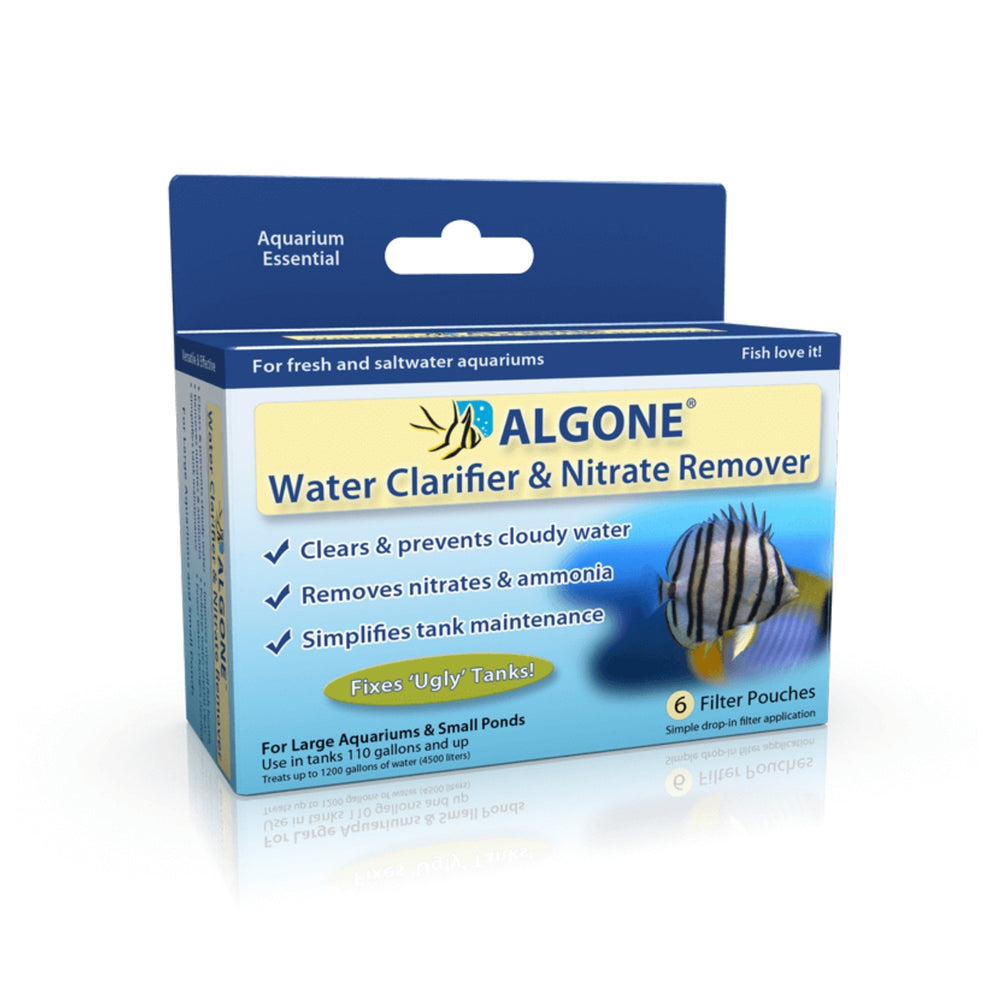 Algone: bouteille clarifiant l'eau d'aquarium pour une eau plus limpide.