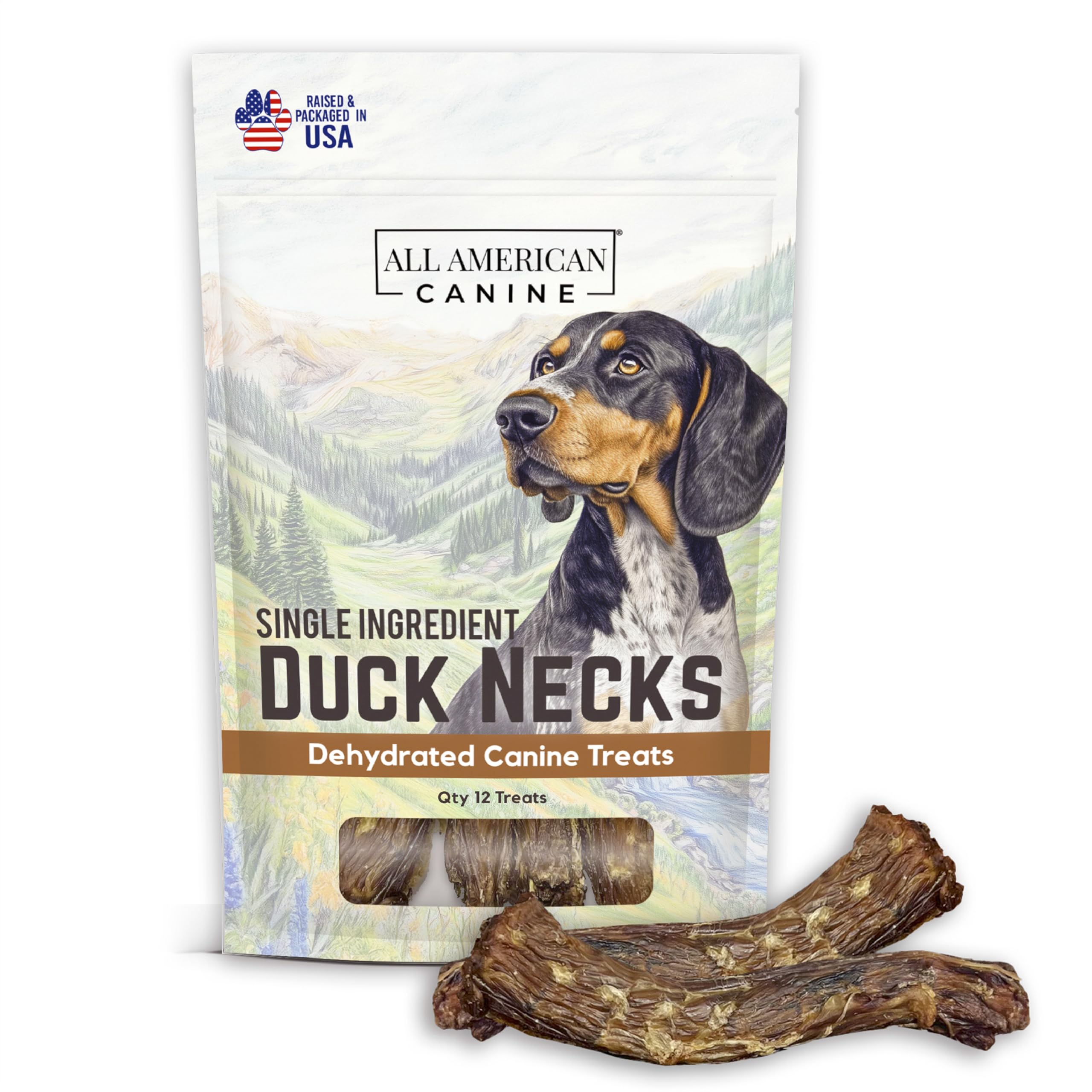 All American Canine – Cou de canard séché, friandise naturelle faible en gras pour chiens actifs.