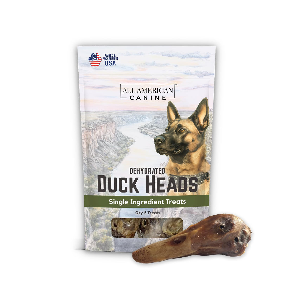 All American Canine – Têtes de canard déshydratées pour récompense protéinée.