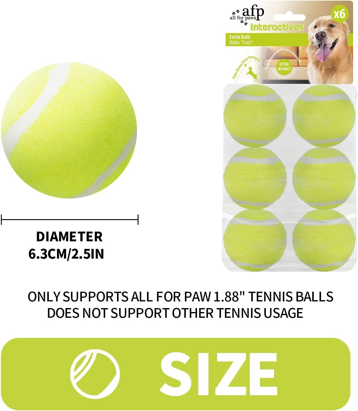 ALL FOR PAWS balle-tennis jaune 2,5 pouces rebondissante avec lanceur pour jeux actifs