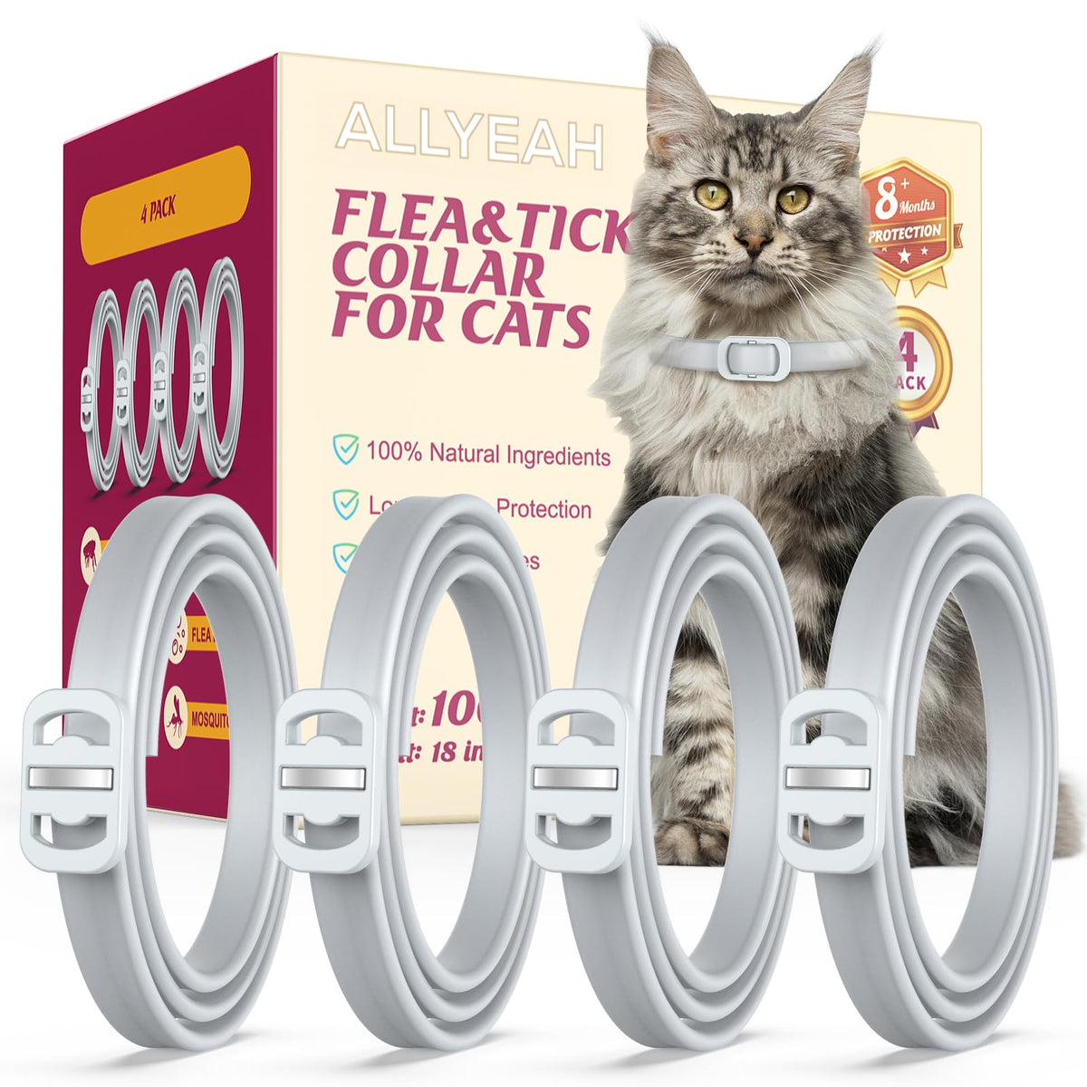 Pack de 4 colliers Allyeah pour chats, prévention naturelle des parasites.