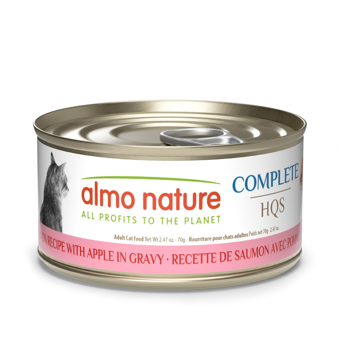 Almo Nature HQS Complet: saumon et pomme en sauce pour chat, appétit possible.