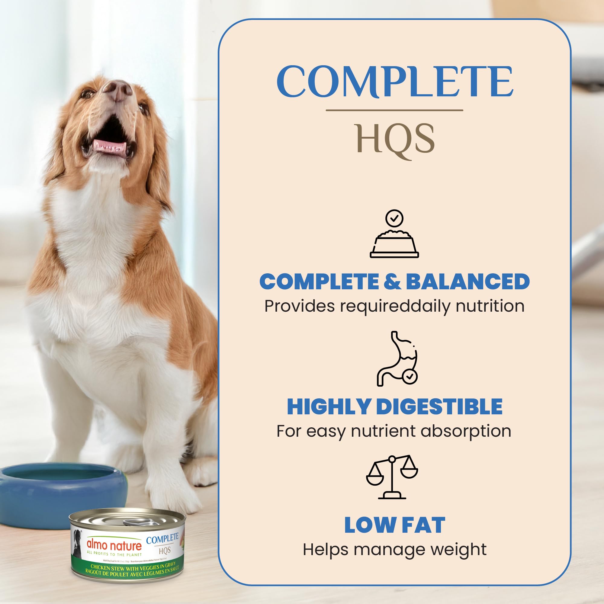 Illustration de HQS Complete, texture juteuse et appétente pour chiens sensibles.