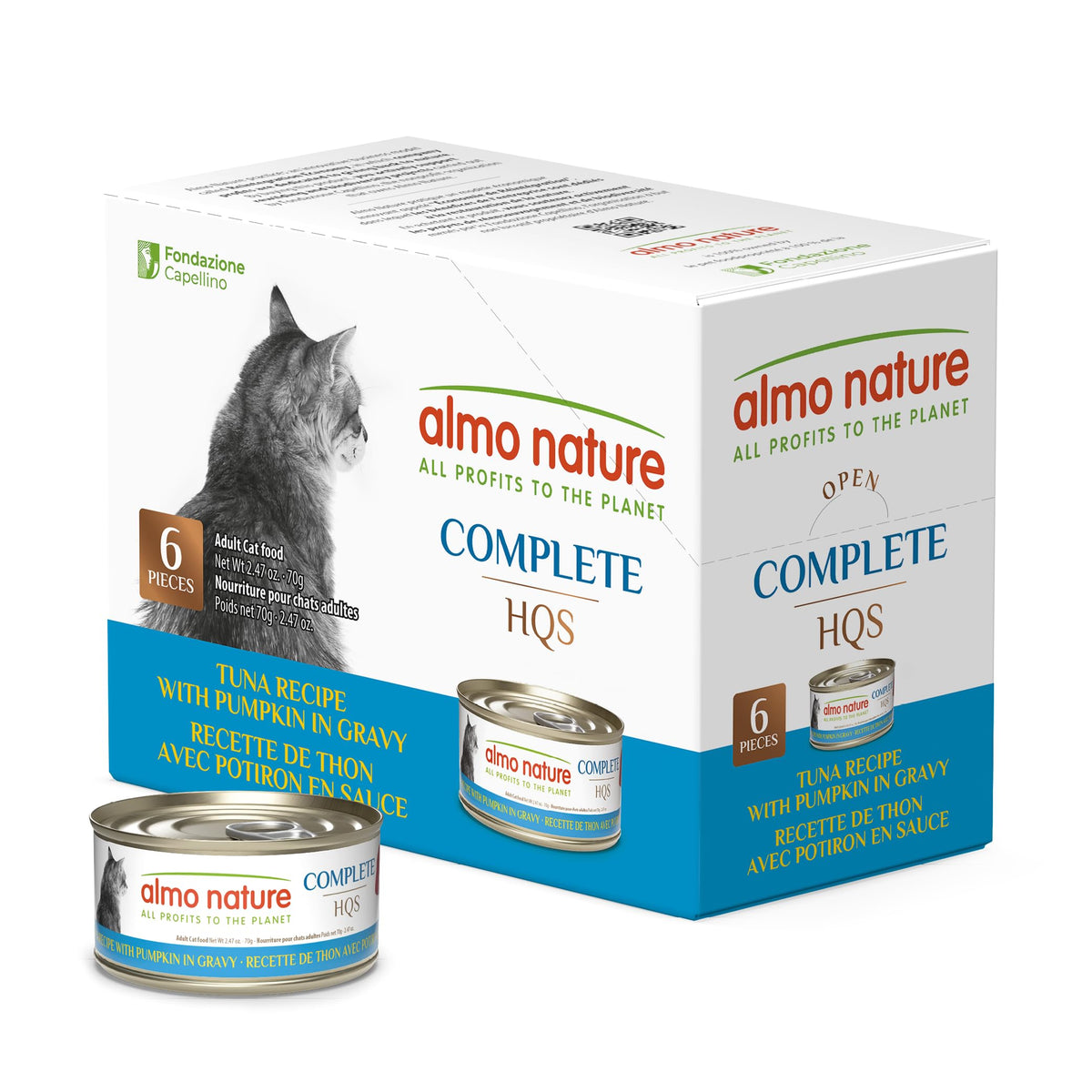 Repas humide Almo Nature HQS Complète au thon et citrouille, boîtes 70 g pour chat.