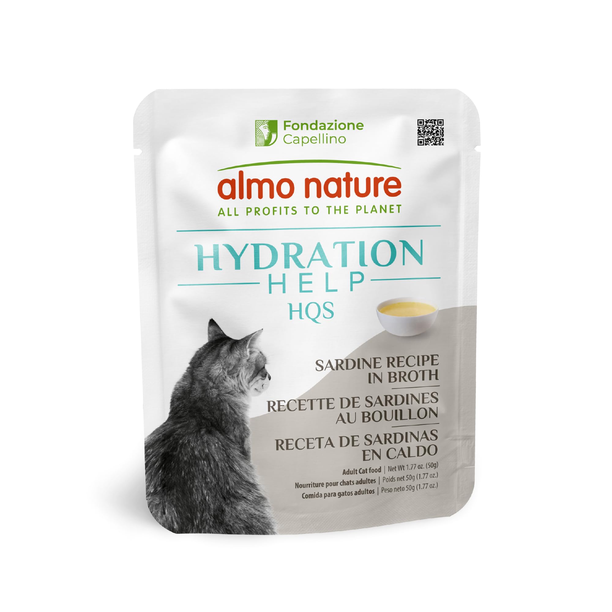 Almo Nature HQS Hydration Help : sardines et bouillon dans un sachet, hydratation enrichie.