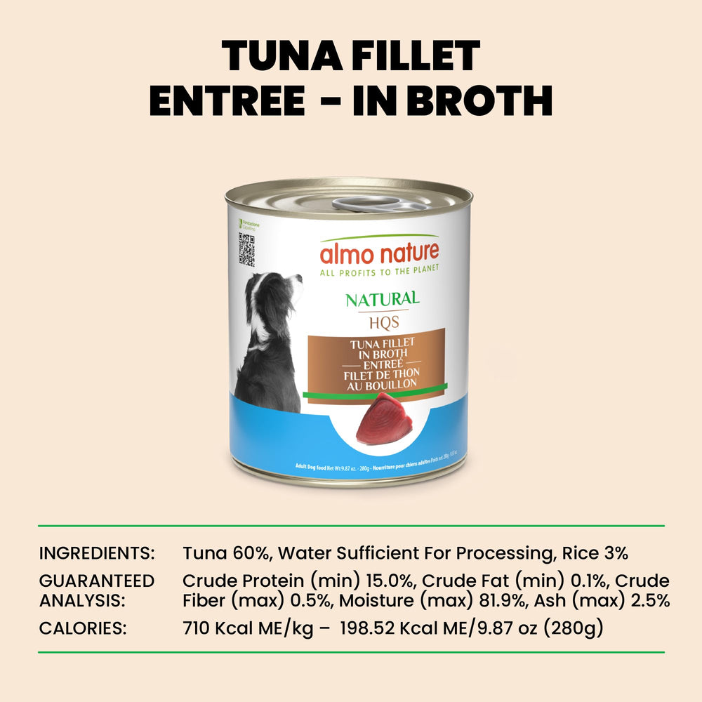 Almo Nature HQS Thon Entree Bouillon Pour Chien, texture légère et apports nutritionnels potentiels.