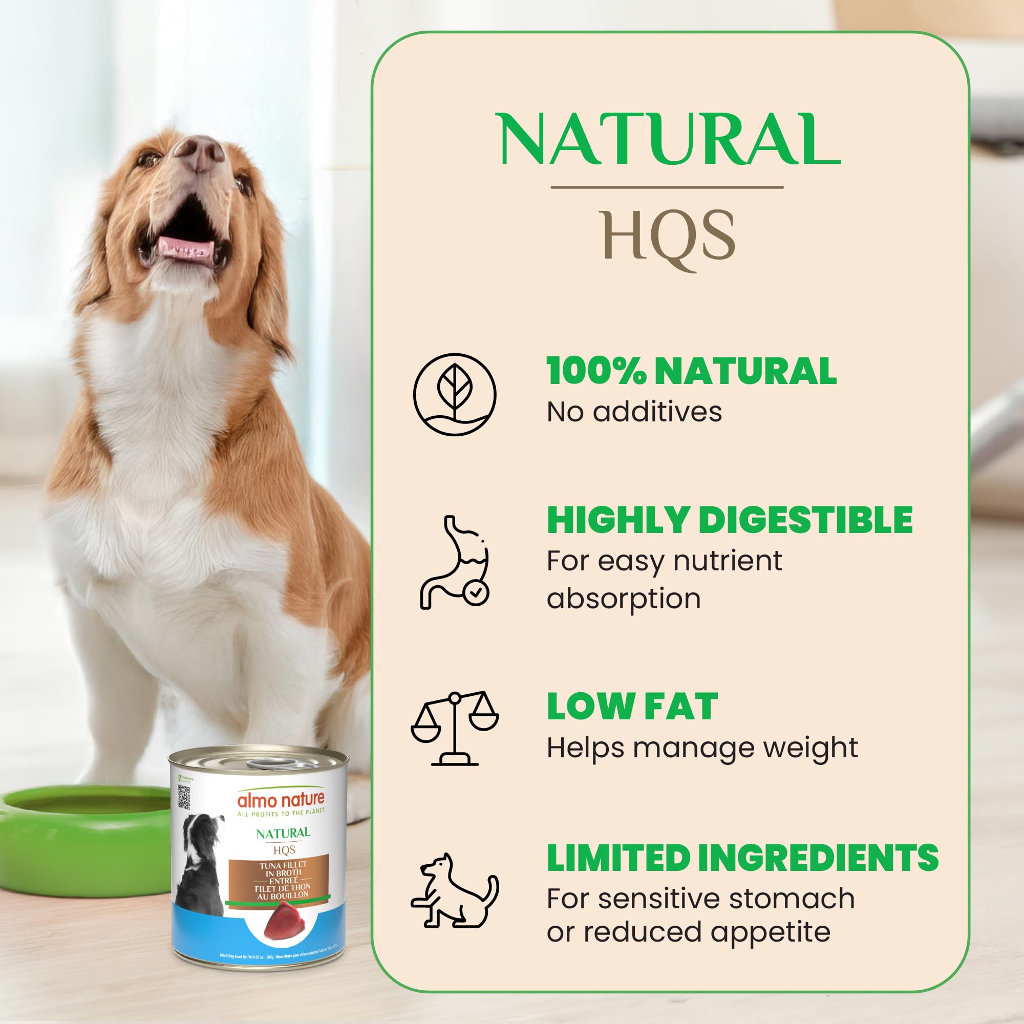 Almo Nature HQS Thon Entree Bouillon Pour Chien, appétence accrue et hydratation naturelle.
