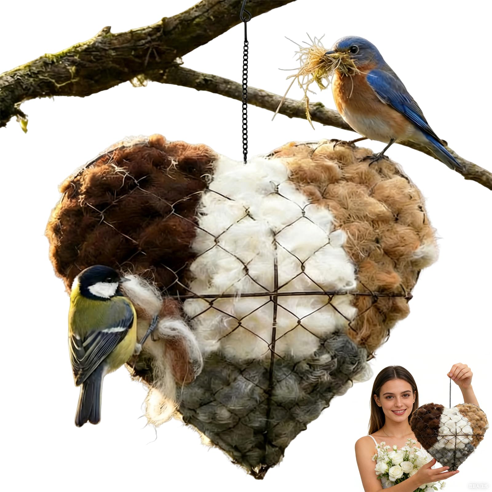 Cœur-nid Alpaga accroché à un arbre, refuge hivernal pour oiseaux sauvages.