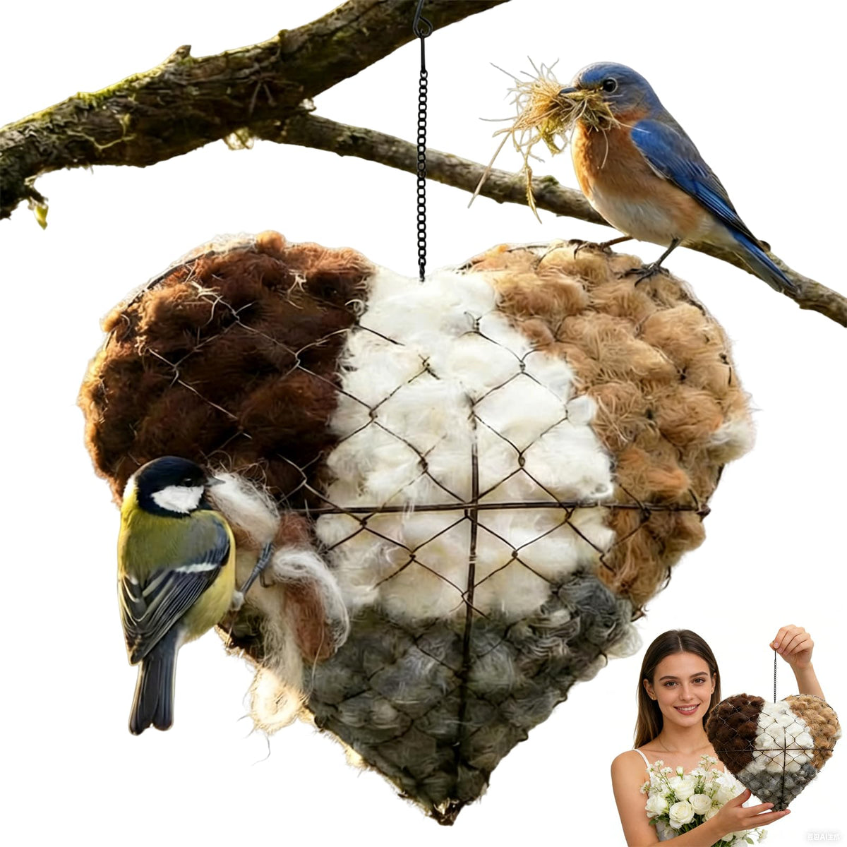 Cœur-nid Alpaga accroché à un arbre, refuge hivernal pour oiseaux sauvages.