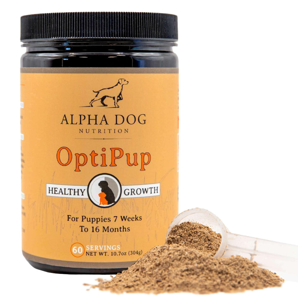 Alpha Dog Nutrition OptiPup: bouteille et versement faciles pour doser le supplément.