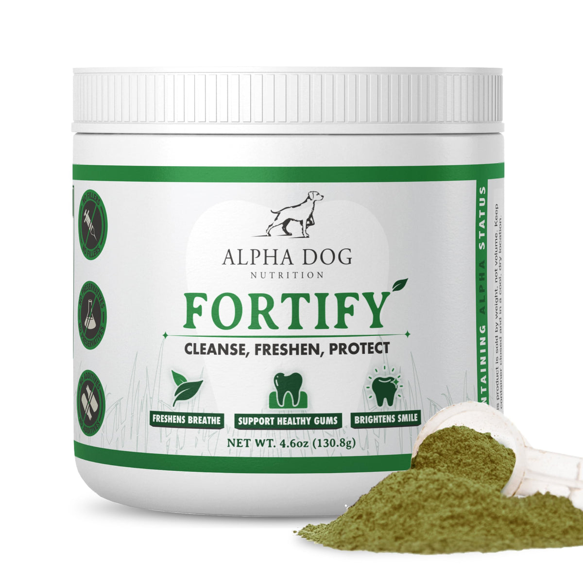 Alpha Dog Nutrition – poudre dentaire en bouteille, pratique à utiliser.