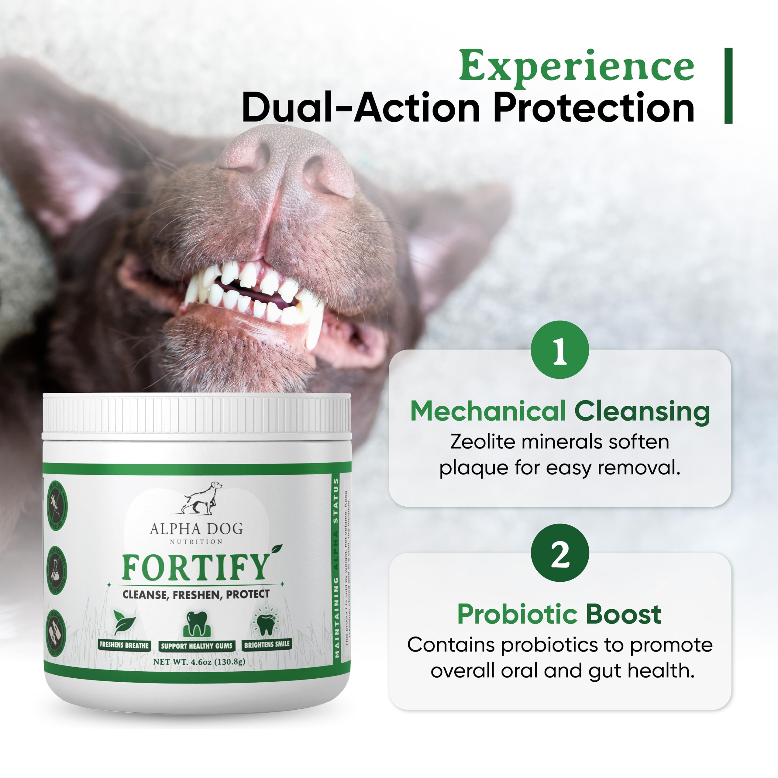 Ingrédients clés: algues marines et probiotiques inclus dans Alpha Dog Nutrition.
