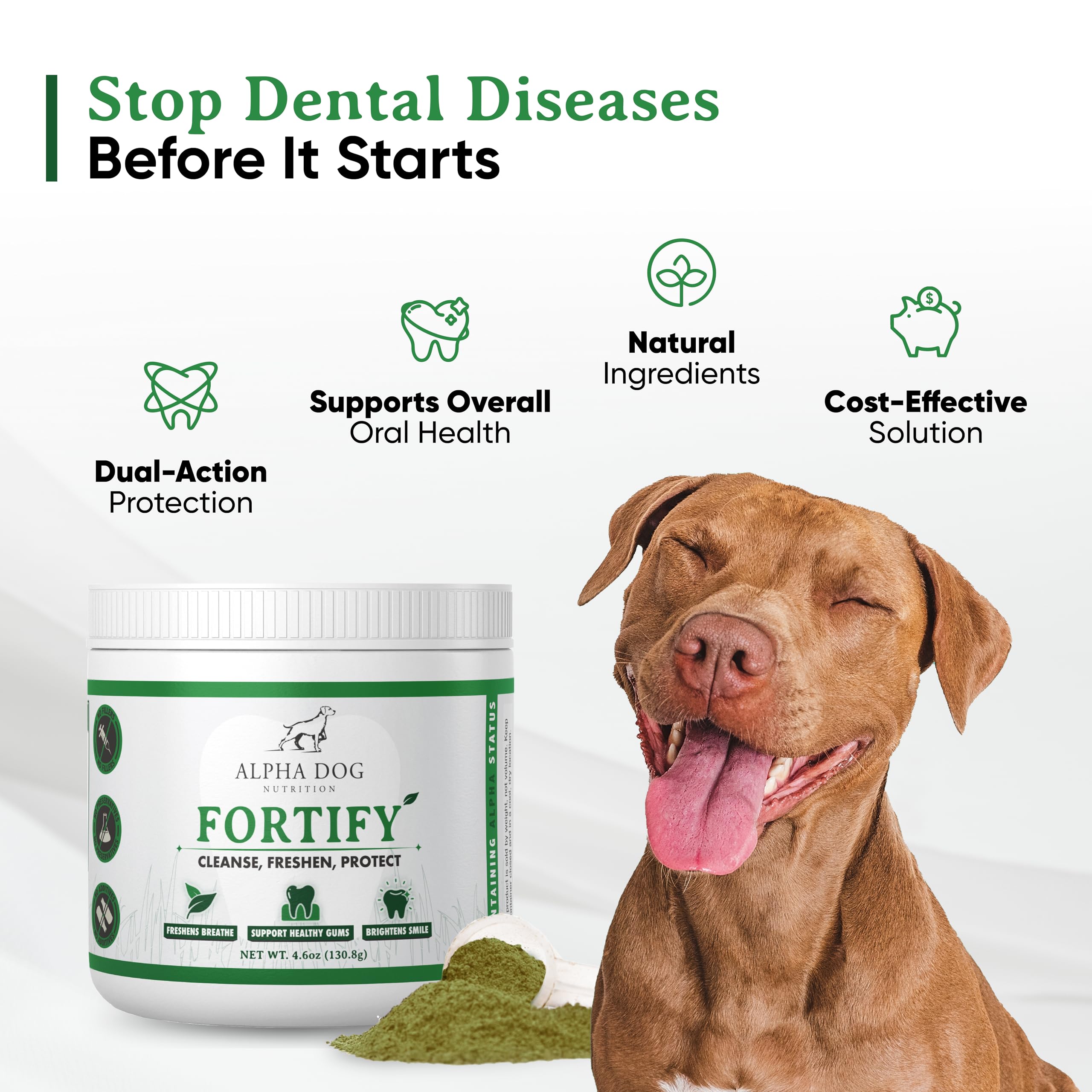 Poudre dentaire Alpha Dog Nutrition saupoudrée sur la nourriture.