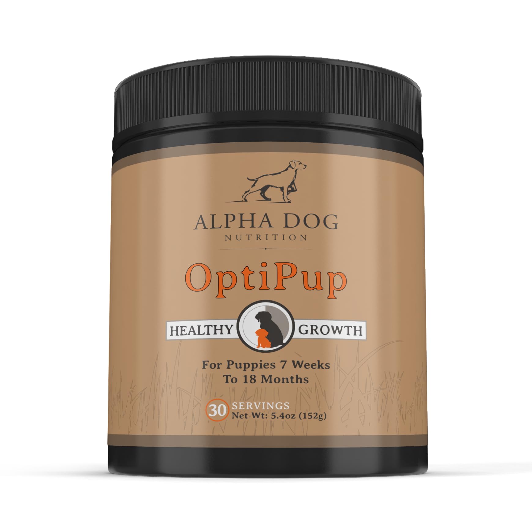 OptiPup Alpha Dog Nutrition, bouteille montrant le complément quotidien pour la croissance.