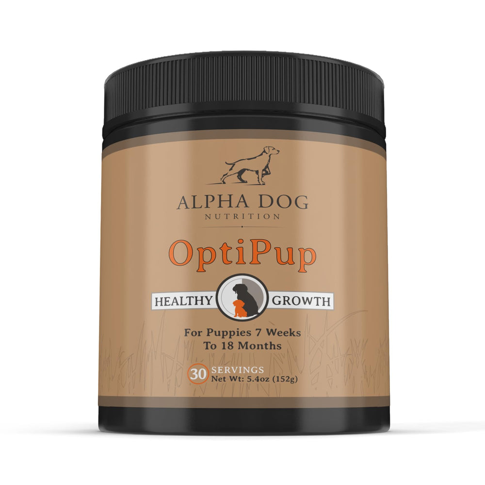 OptiPup Alpha Dog Nutrition, bouteille montrant le complément quotidien pour la croissance.
