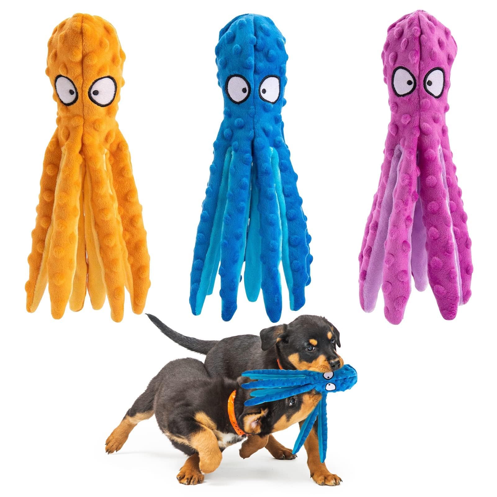 Jouet Alphatool Poulpe bleu: peluche douce et son crissant pour chien.