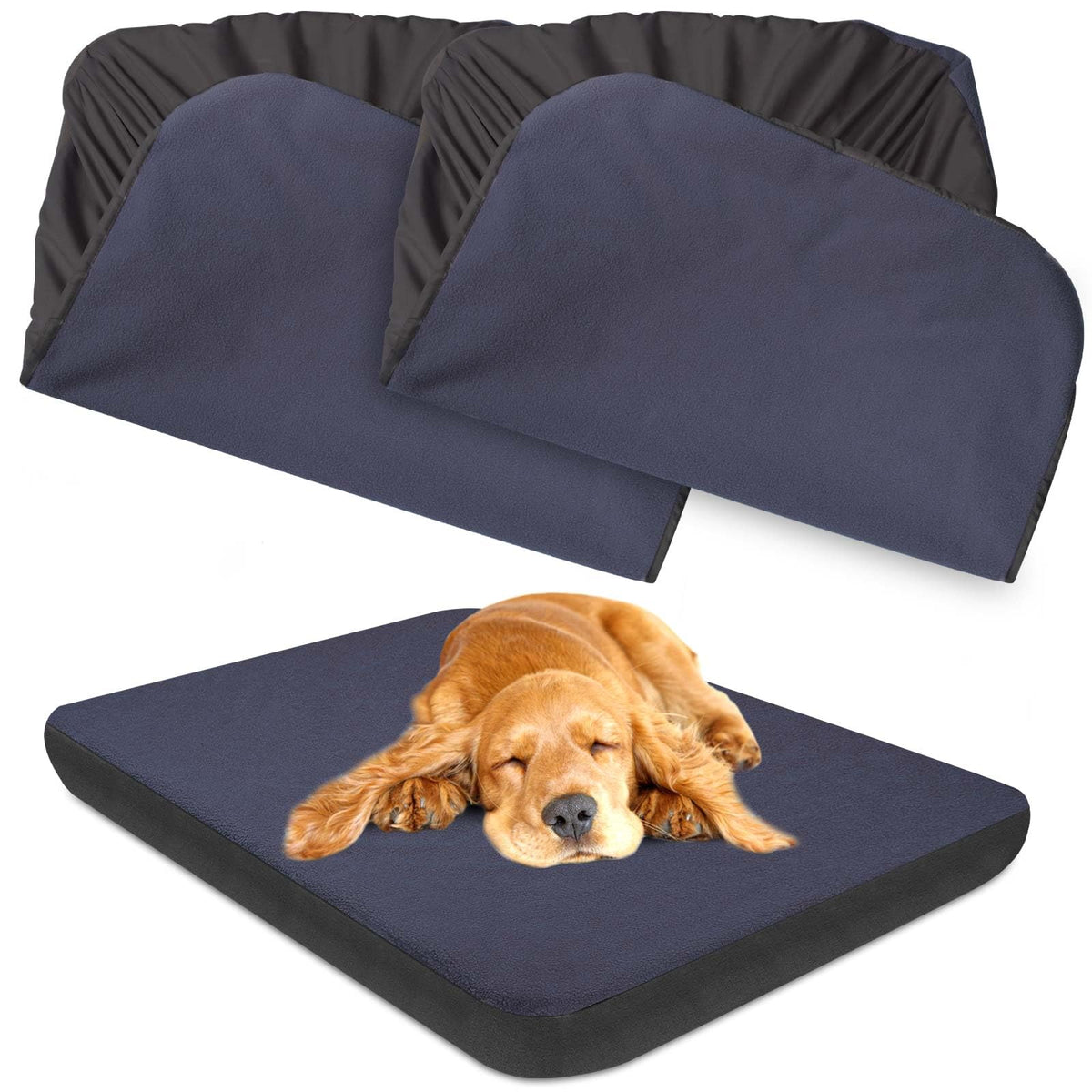 Housse ALWZ-RDY imperméable bleu couvrant le lit du chien pour une protection durable.