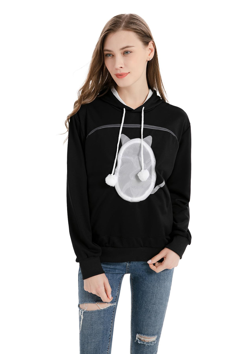 ALYC hoodie porte-animaux: détail de la poche pour confort et sécurité.