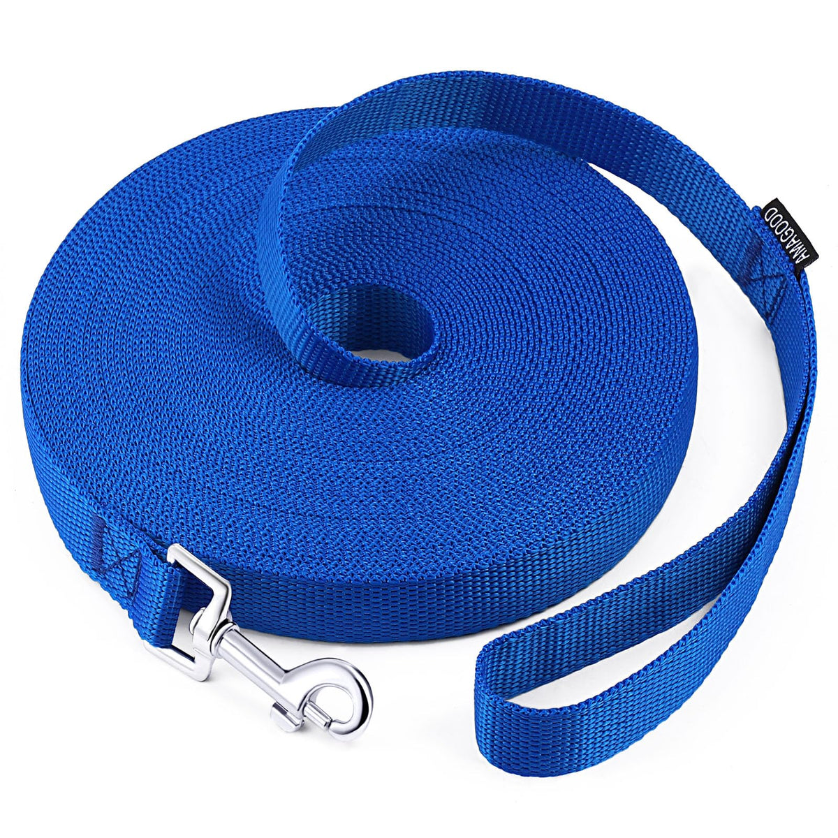 AMAGOOD laisse longue chien 15 pieds bleu, idéale pour entraînement et rappel en extérieur.