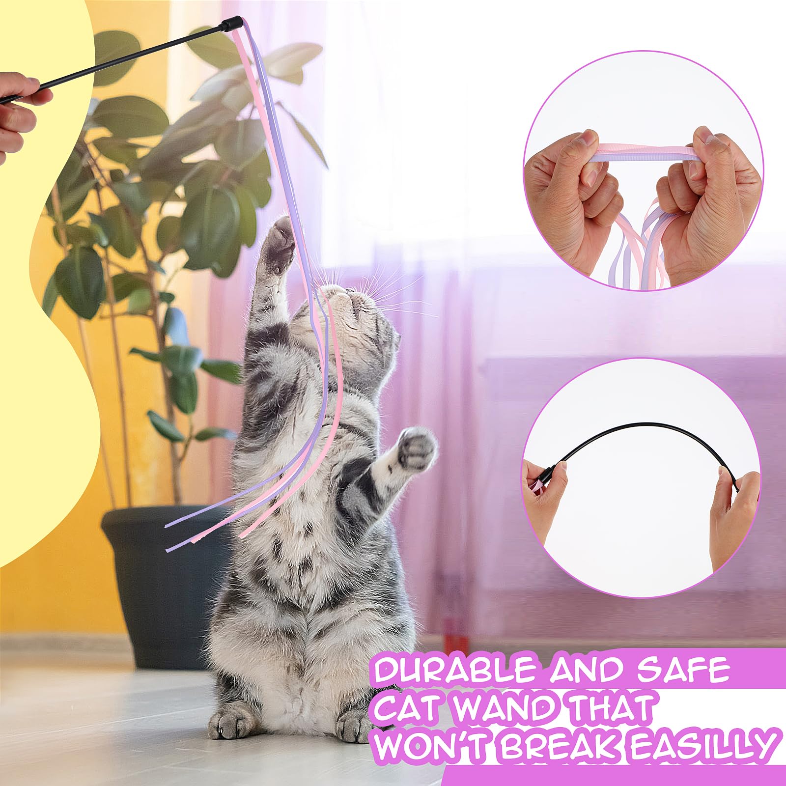 Bâton ruban arc‑en‑ciel Amaxiu pour chat avec jaune et vert.