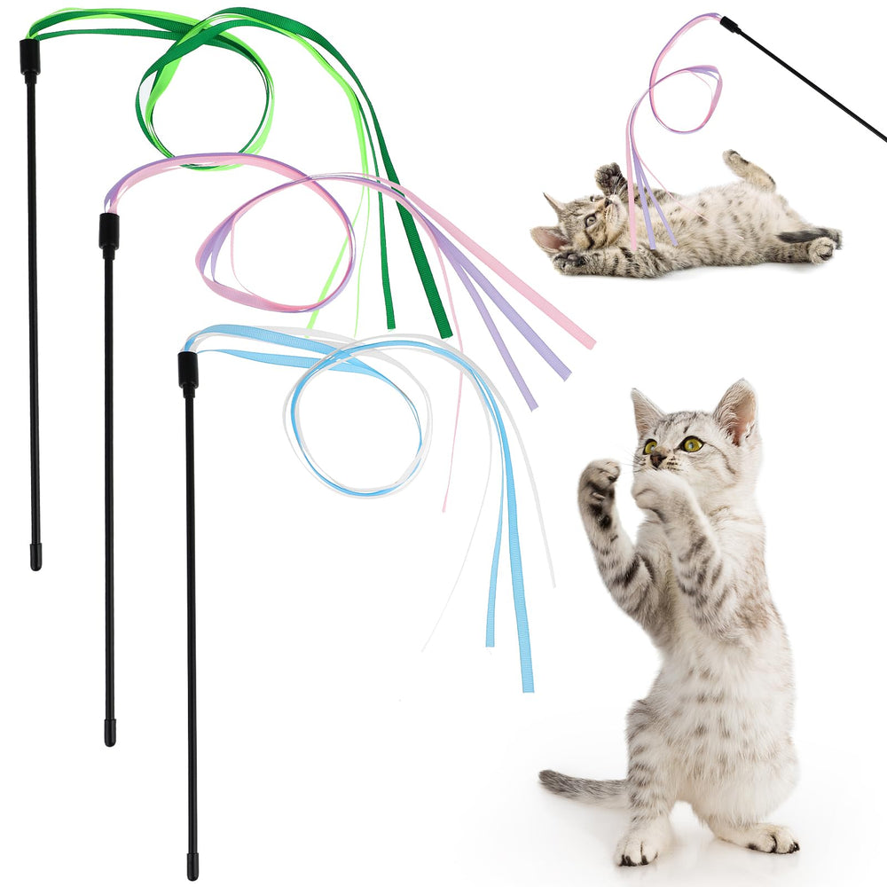 Bâton ruban Amaxiu pour chat montrant l’ensemble de trois jouets interactifs.
