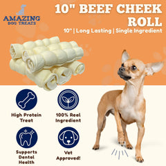 Rouleaux de joue de boeuf sans additifs Amazing Dog Treats, idéales pour chiens sensibles.