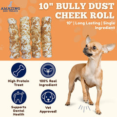 Saveur Bully Dust sur rouleaux de joue boeuf, 10 pouces et texture robuste.