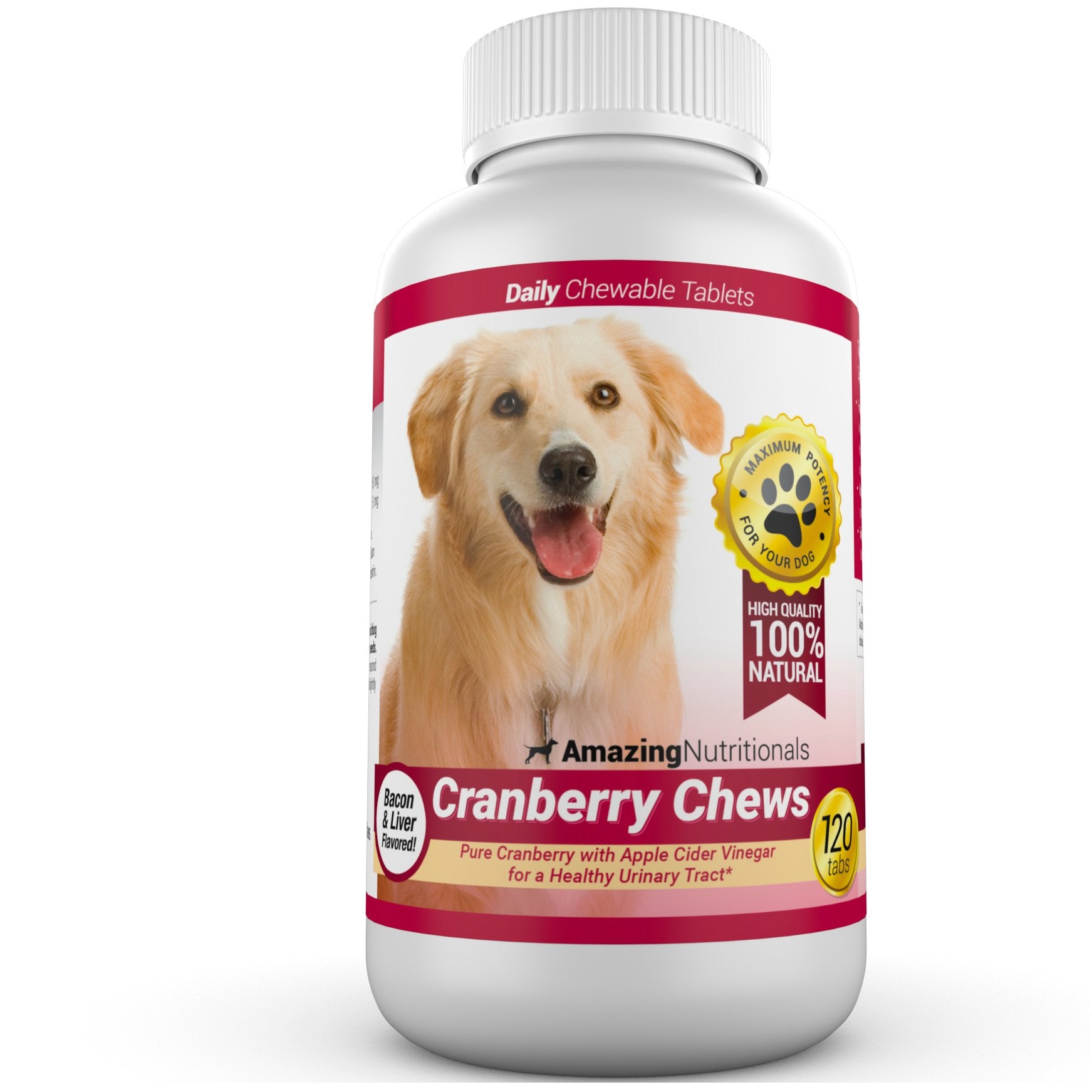 Amazing Nutritionals friandises canneberge pour chien, vue face de la bouteille, soutien urinaire potentiel