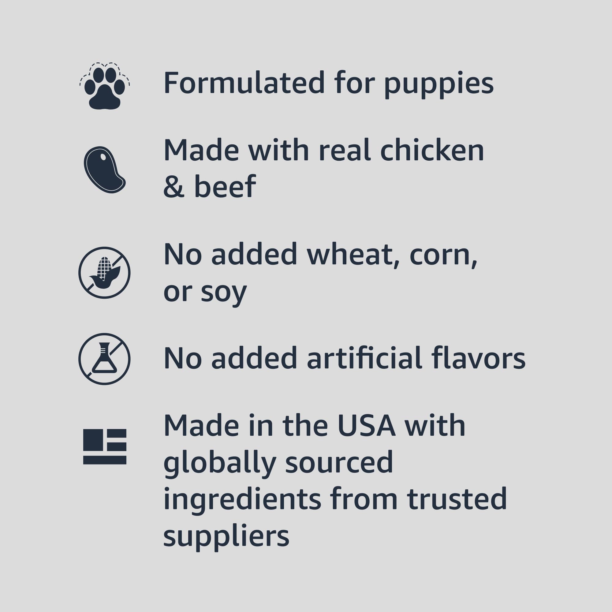 Conserve amazon-basics pour chiot, poulet et boeuf, sans blé, maïs ni soja ajoutés.