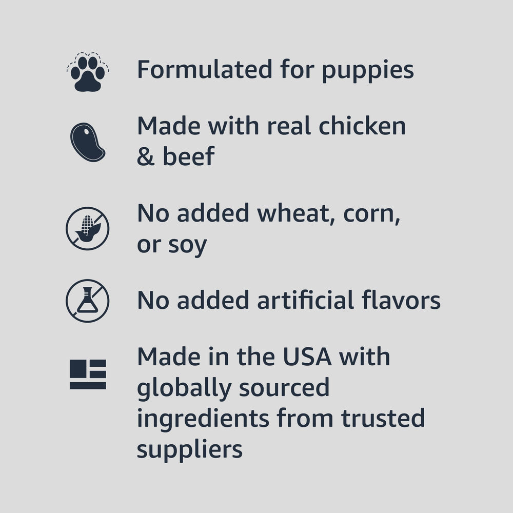 Conserve amazon-basics pour chiot, poulet et boeuf, sans blé, maïs ni soja ajoutés.